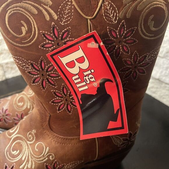 Womens Big Bull Brown Leather Floral Embroidered Cowboy Boot Made In Mex 24 US 7 - Picture 15 of 16